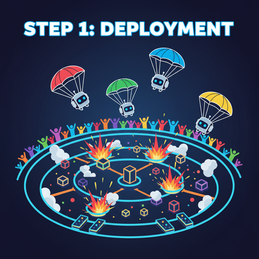 tiny AI agents parachuting into neon battle royale arena, explosions and crowds cheering