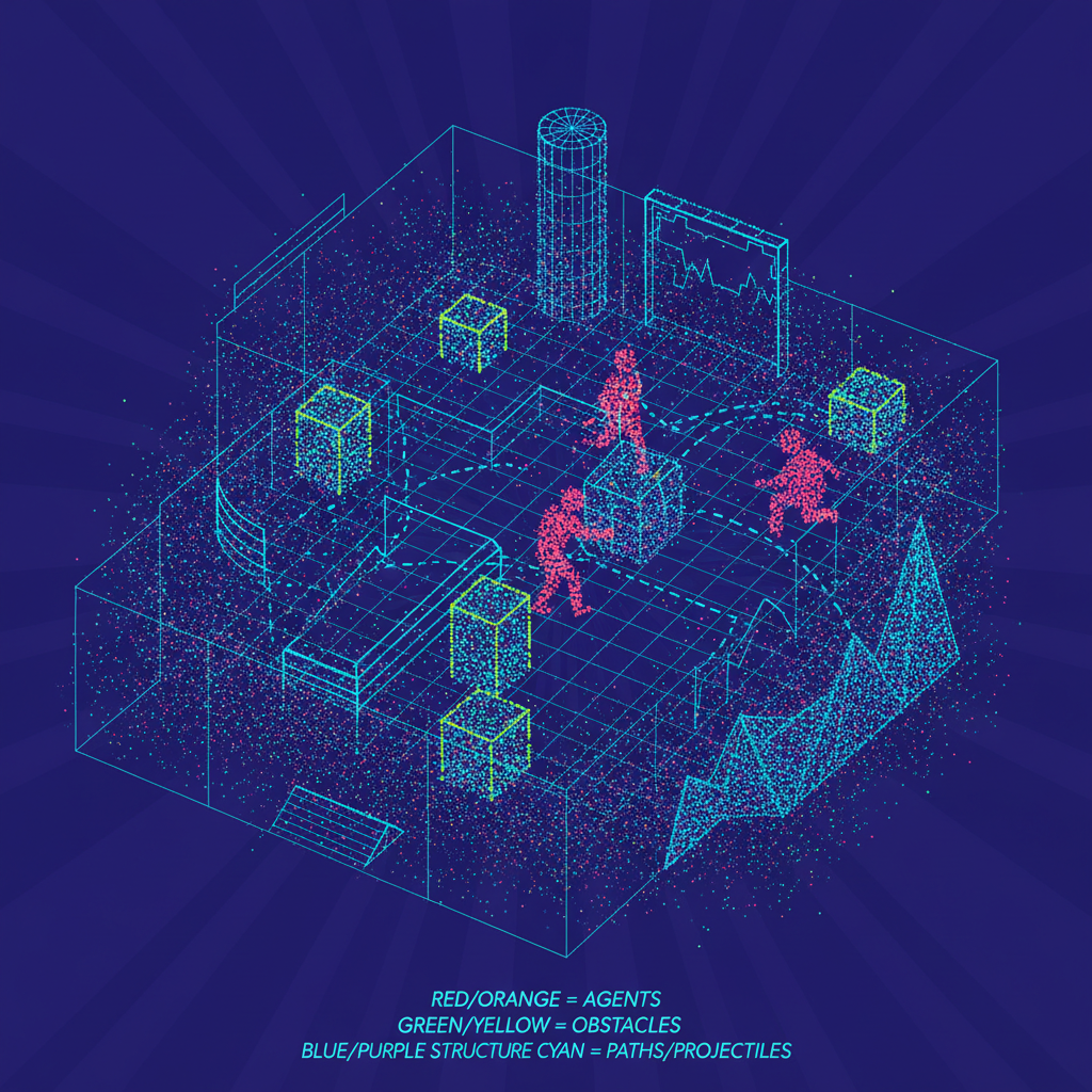 LiDAR point cloud scan of agents and obstacles in neon-lit esports battle arena