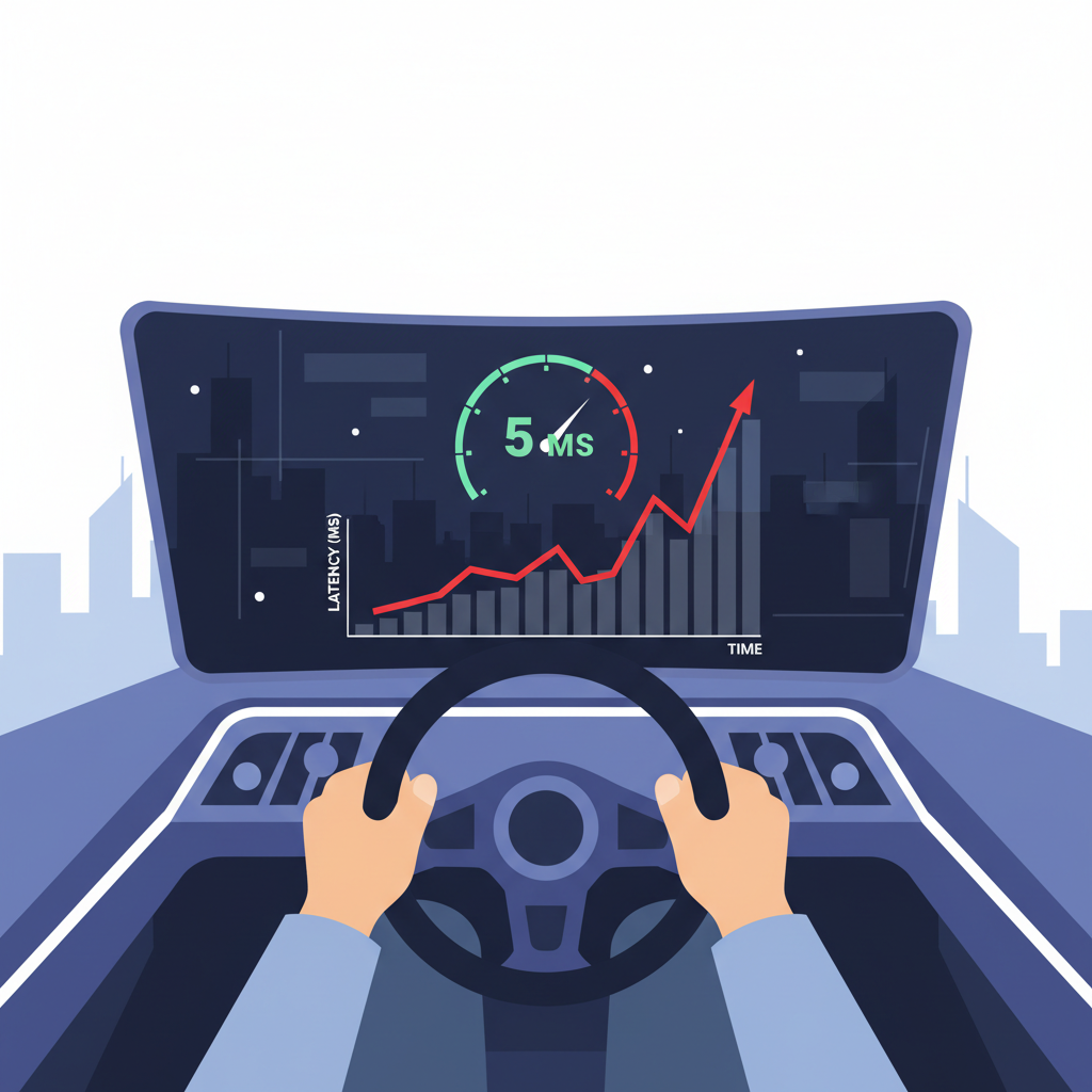 latency benchmark graph spiking low, speedometer in esports cockpit, high-tech dashboard