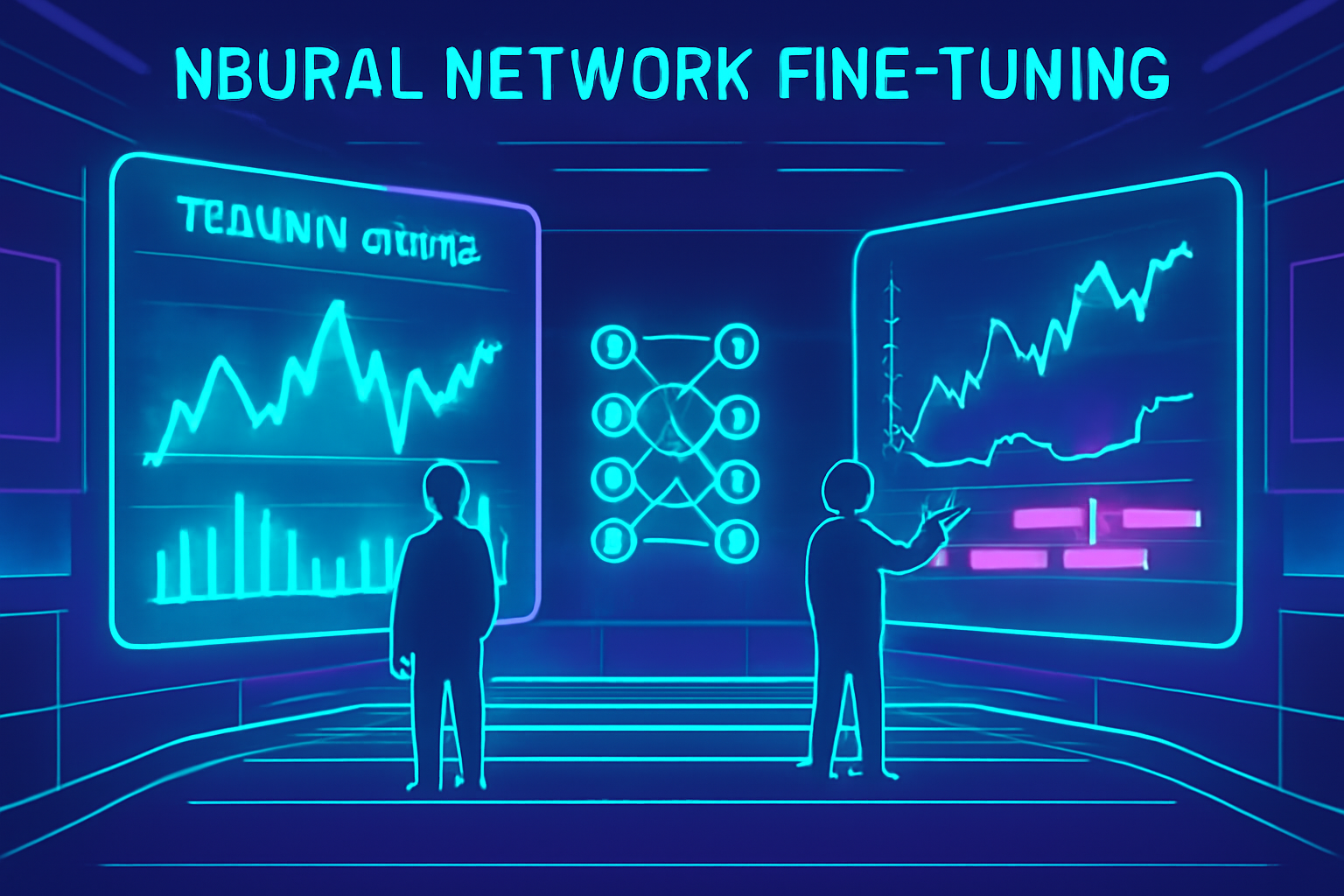 neural network fine-tuning on glowing holographic trading replays and charts, neon cyberpunk arena
