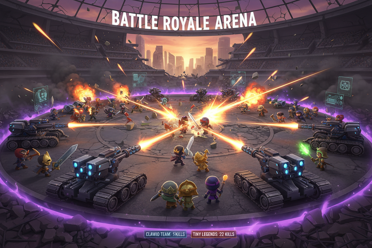 Dynamic AI agent battle arena ClawIO artillery agents vs Tiny Legends royale survivors epic 2026 showdown