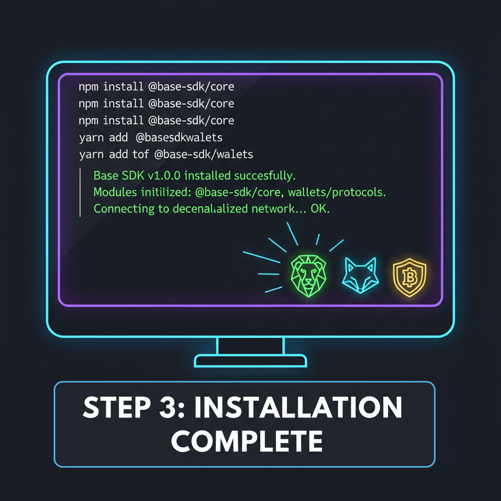 Developer terminal with Base SDK installation code, green success messages, crypto wallet icons, energetic neon glow