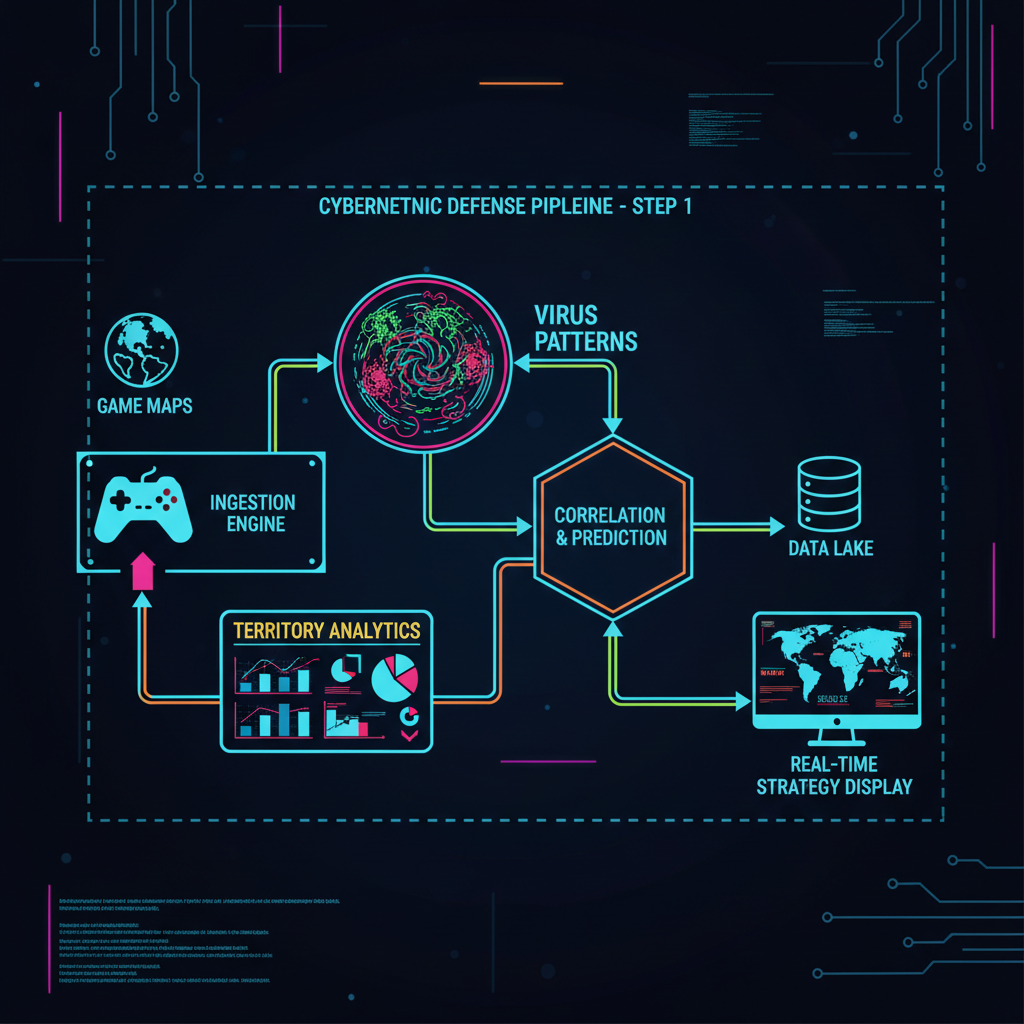 Data pipeline diagram ingesting game maps, virus patterns swirling like digital viruses, charts of territories, cyberpunk style