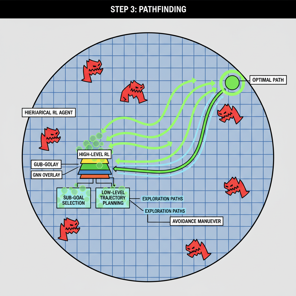 hierarchical RL agent with GNN overlays plotting optimal paths avoiding enemies in arena