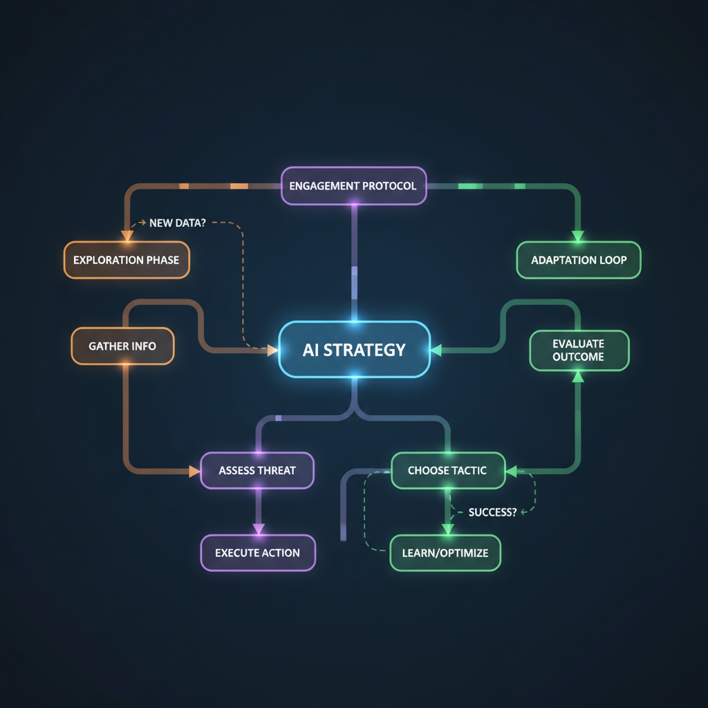 glowing decision tree flowchart for AI game strategy, branching paths, digital art