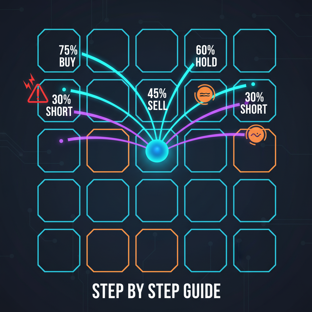 Chessboard-like game grid with equity percentages overlaid on moves, glowing risk indicators, Tron light trails