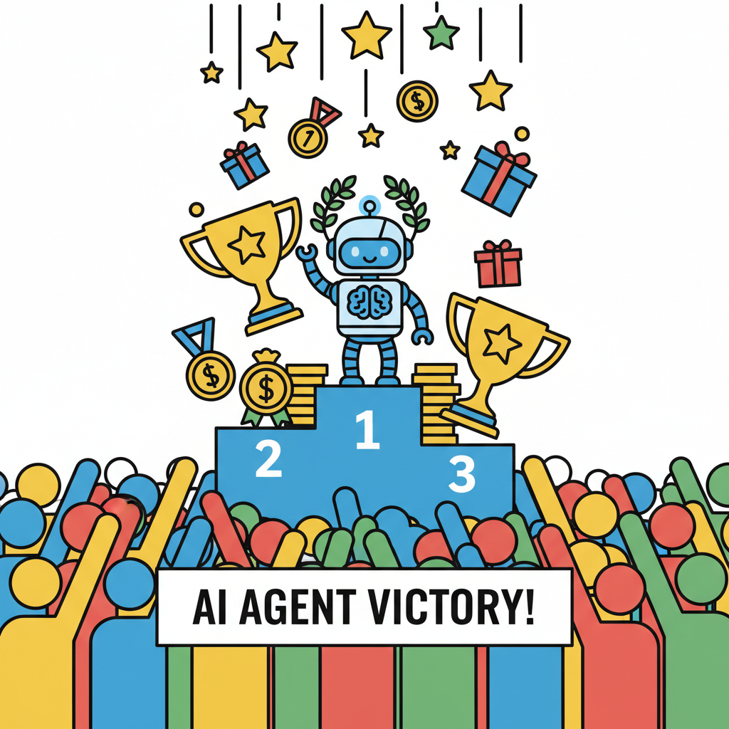 crowd cheering AI agent victory podium with prizes raining