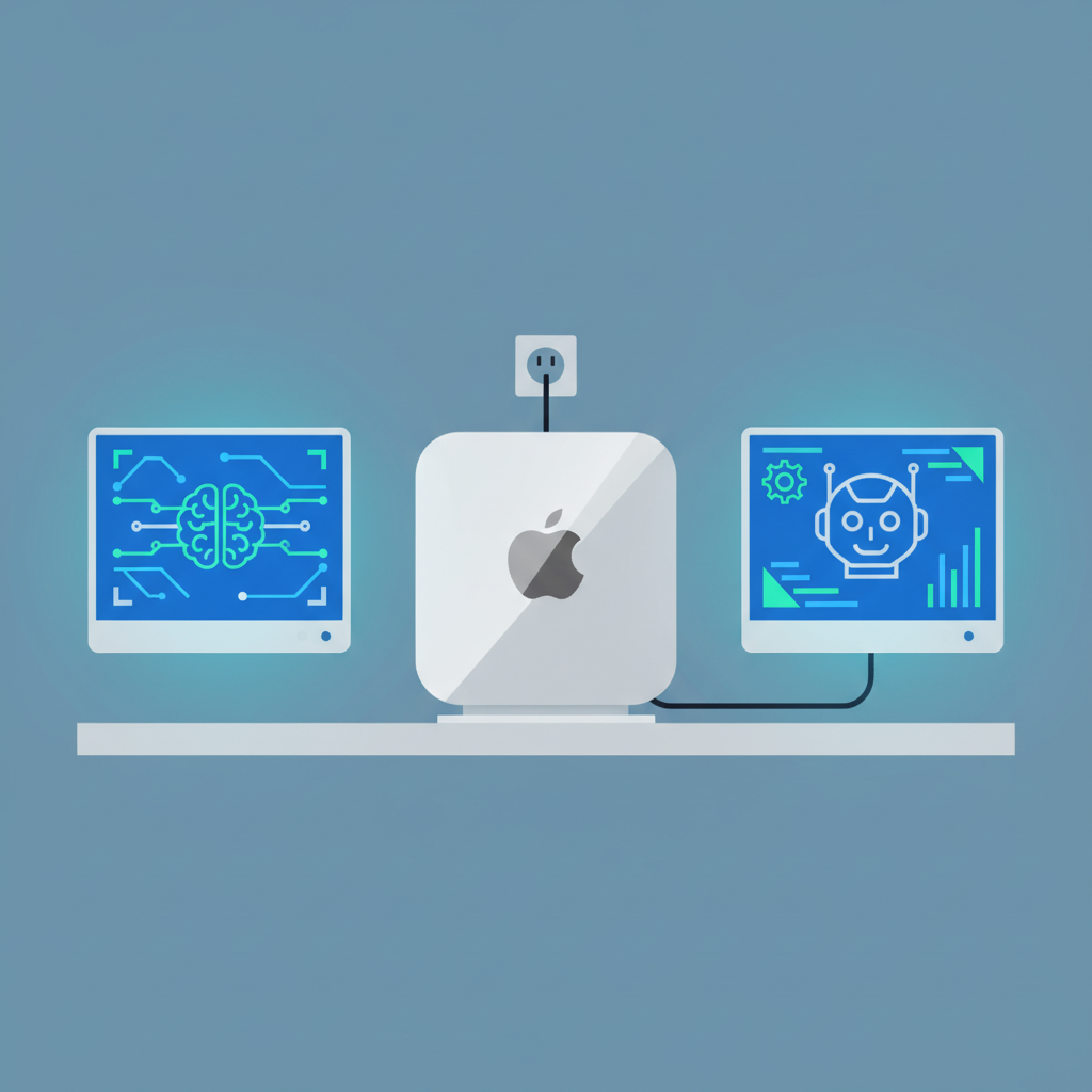 sleek Mac Mini computer on desk with AI agent screens glowing