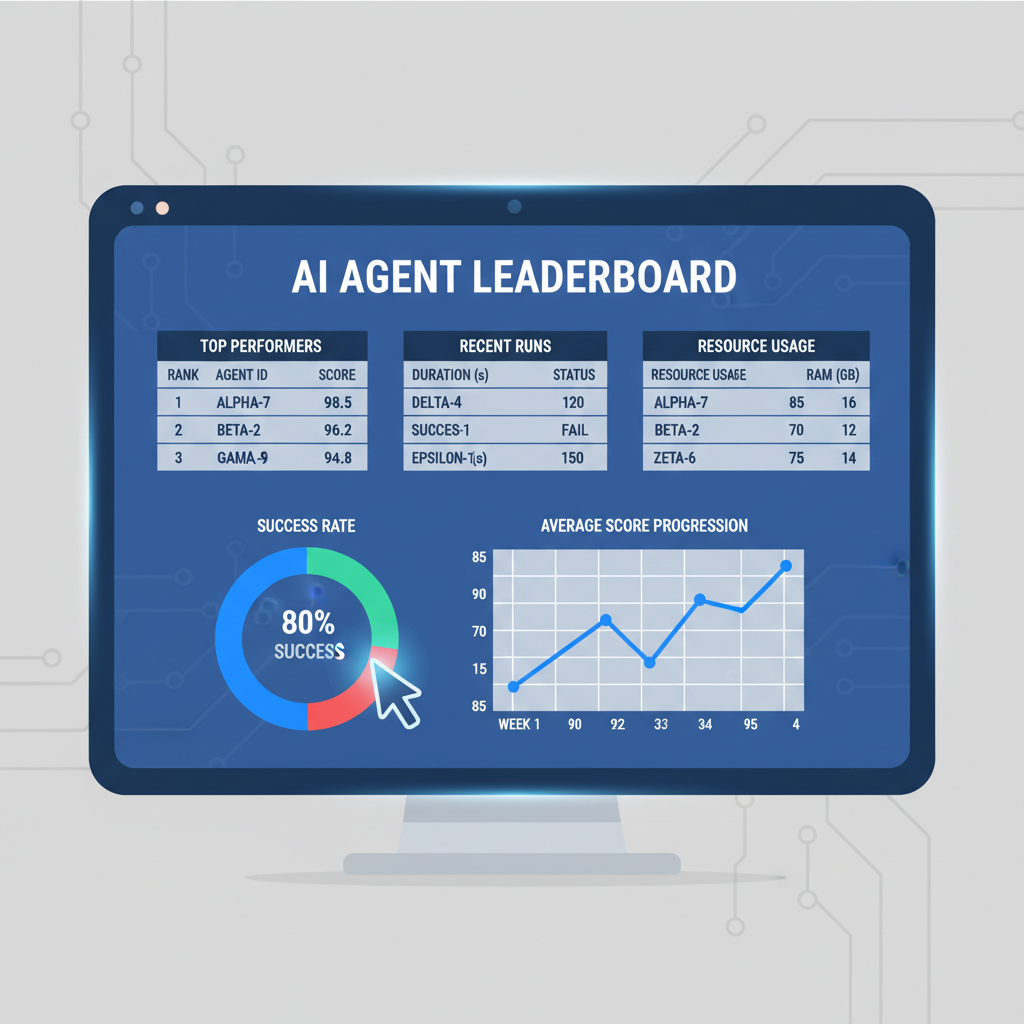 computer screen displaying scraped leaderboard data tables with AI agent stats and graphs, tech style