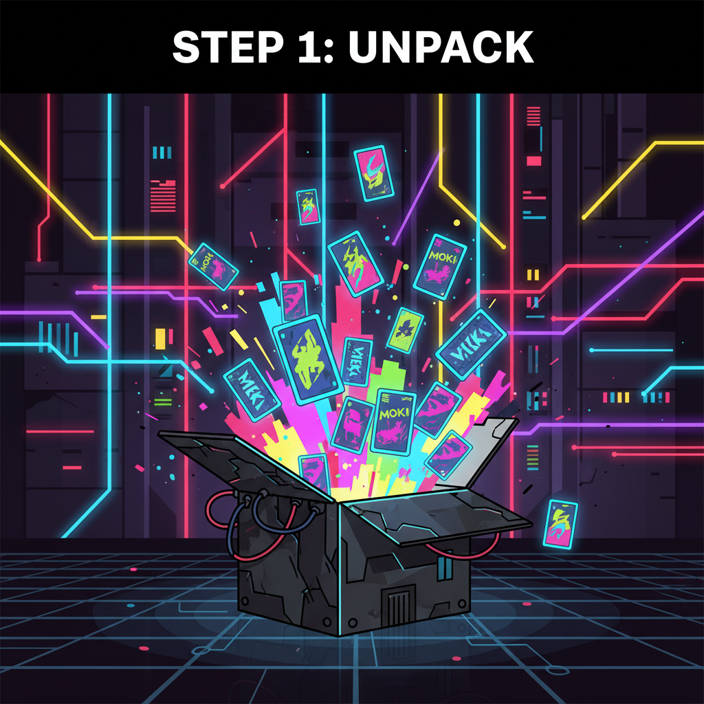 cyberpunk booster box exploding with glowing Moki cards, neon lights