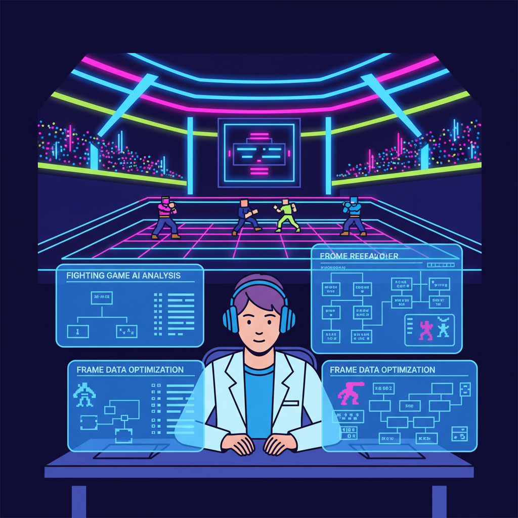 AI researcher analyzing fighting game docs on holographic screens, neon arena background