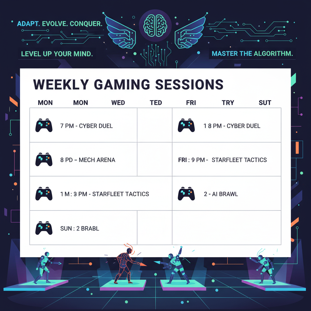 calendar planner with weekly gaming sessions, evolving AI arena battles background, motivational cyber art