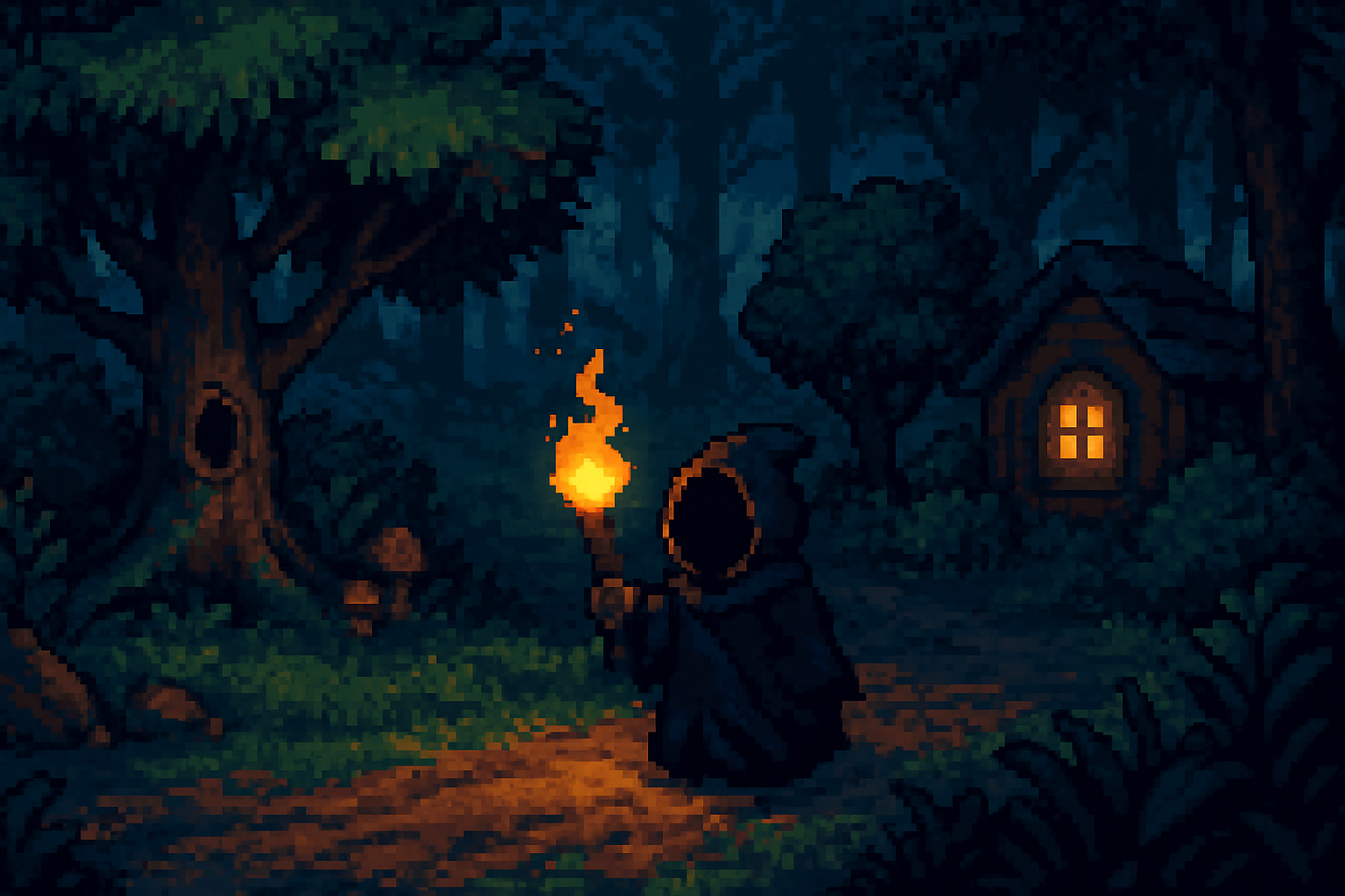 Moody AI-generated pixel art scene of a fantasy forest with torchlight, inspired by indie games Pixelshire, Moonring, Rogue AI Simulator, Spirittea, and Lethal Company AI Pixel Art Mod